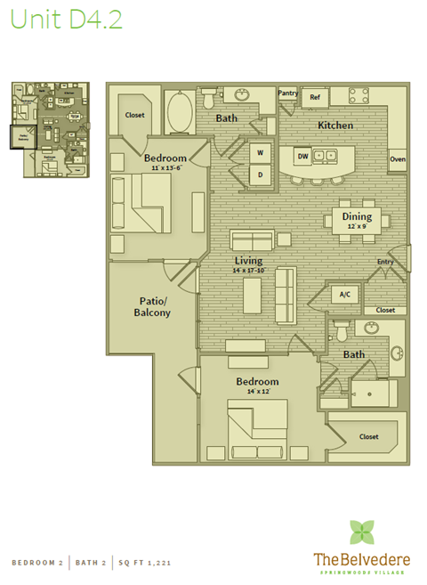 Floor plan for 2 beds, 2 baths, 1221 sqft